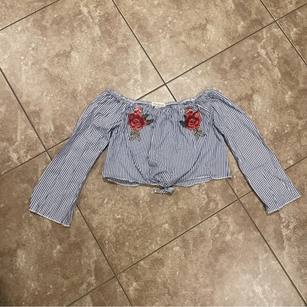 Baby Blue Stripes Off The Shoulder Top With Floral Embellishments Size M